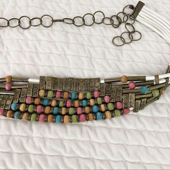Vintage Boho White Leather Multi Strand Chain Link Belt w/ Wood + Metal Beads - Picture 3 of 4